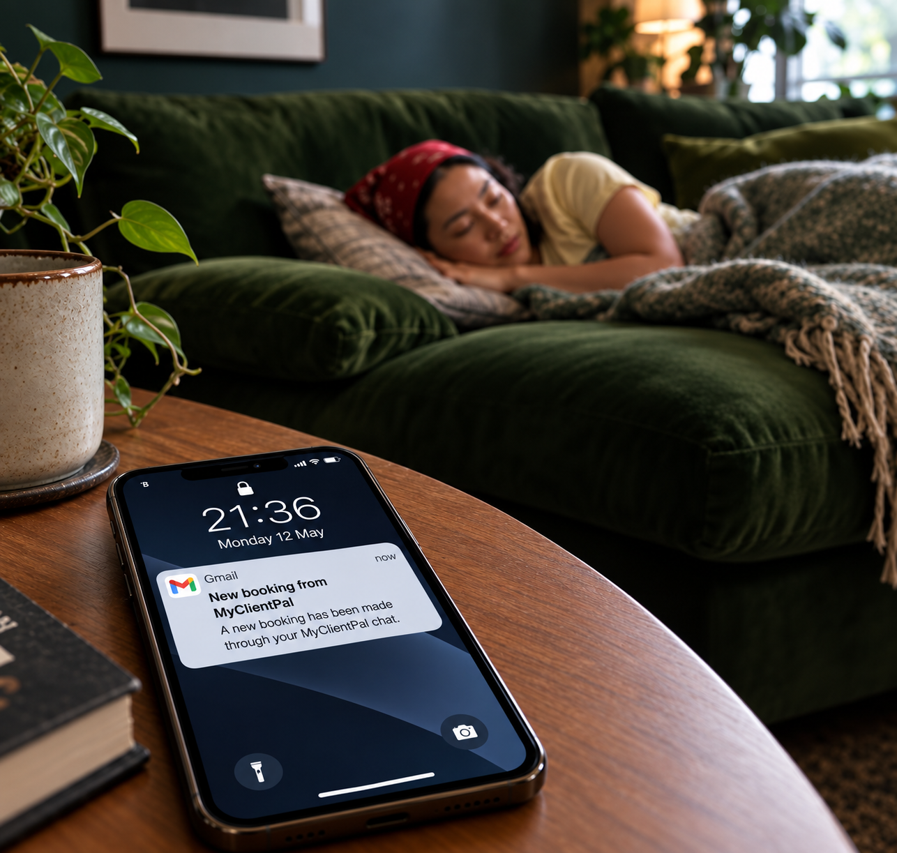 Phone showing a new booking notification while the business owner rests