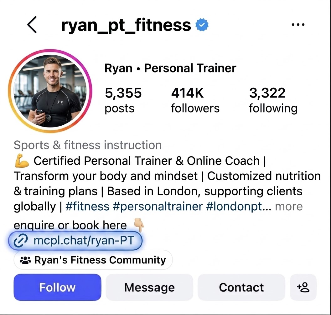 Instagram profile with a MyClientLink in the bio