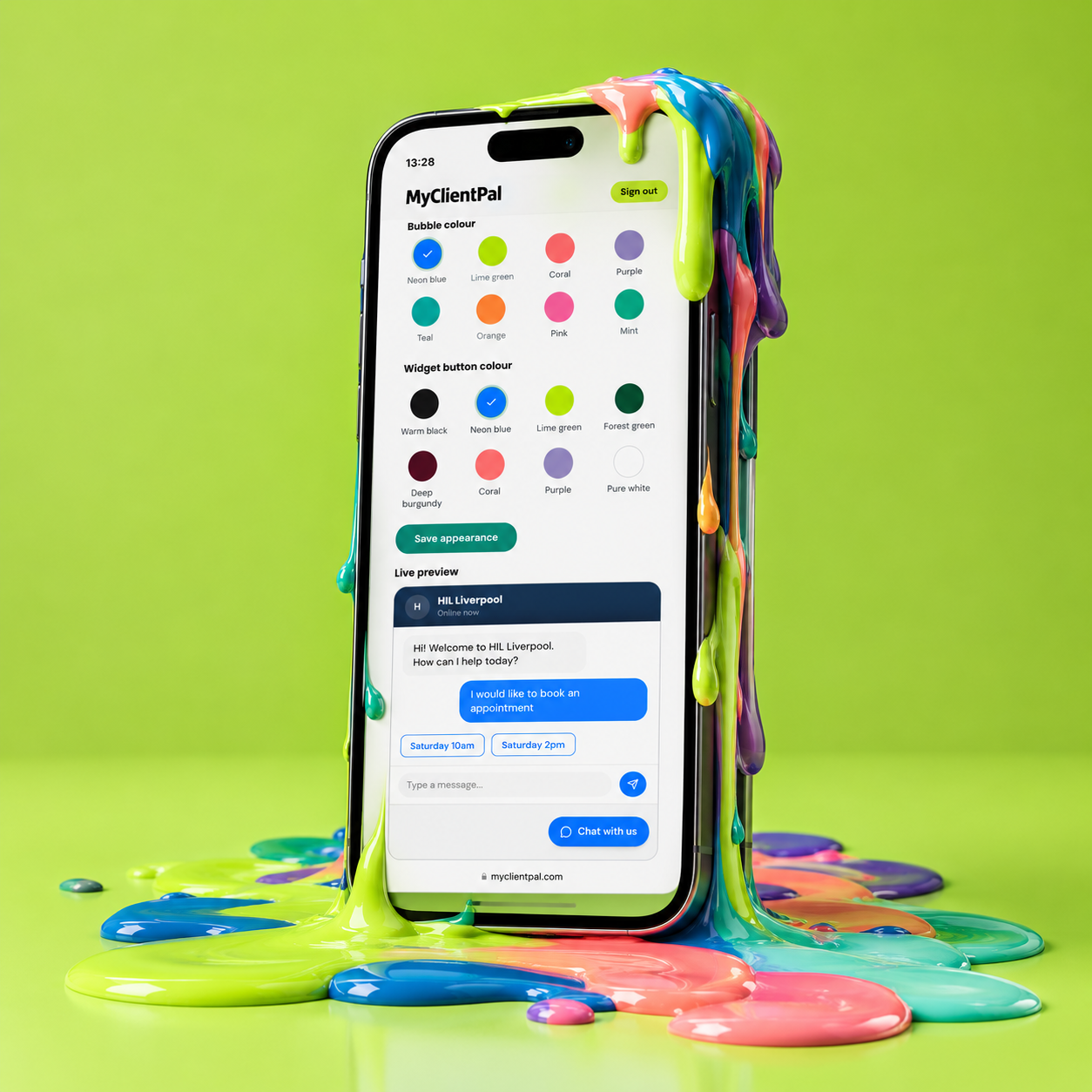 Phone showing the MyClientPal chat appearance editor with colour options